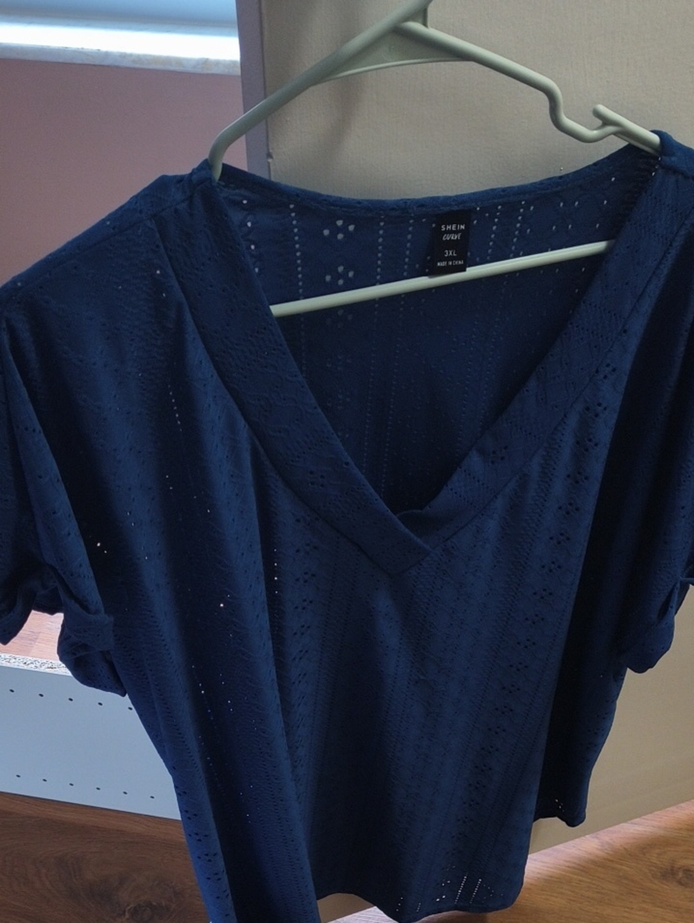 SHEIN Navy Blue Eyelet V-Neck Short Sleeve Top